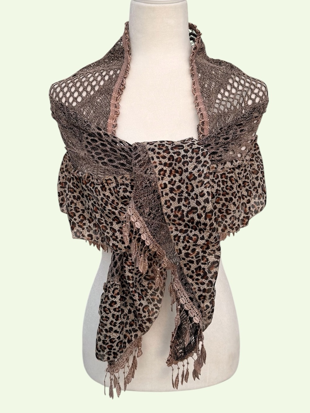 Leopard Print Viscose Ruffled Border Fishnet Crochet Fringe Edge m Wrap Scarf